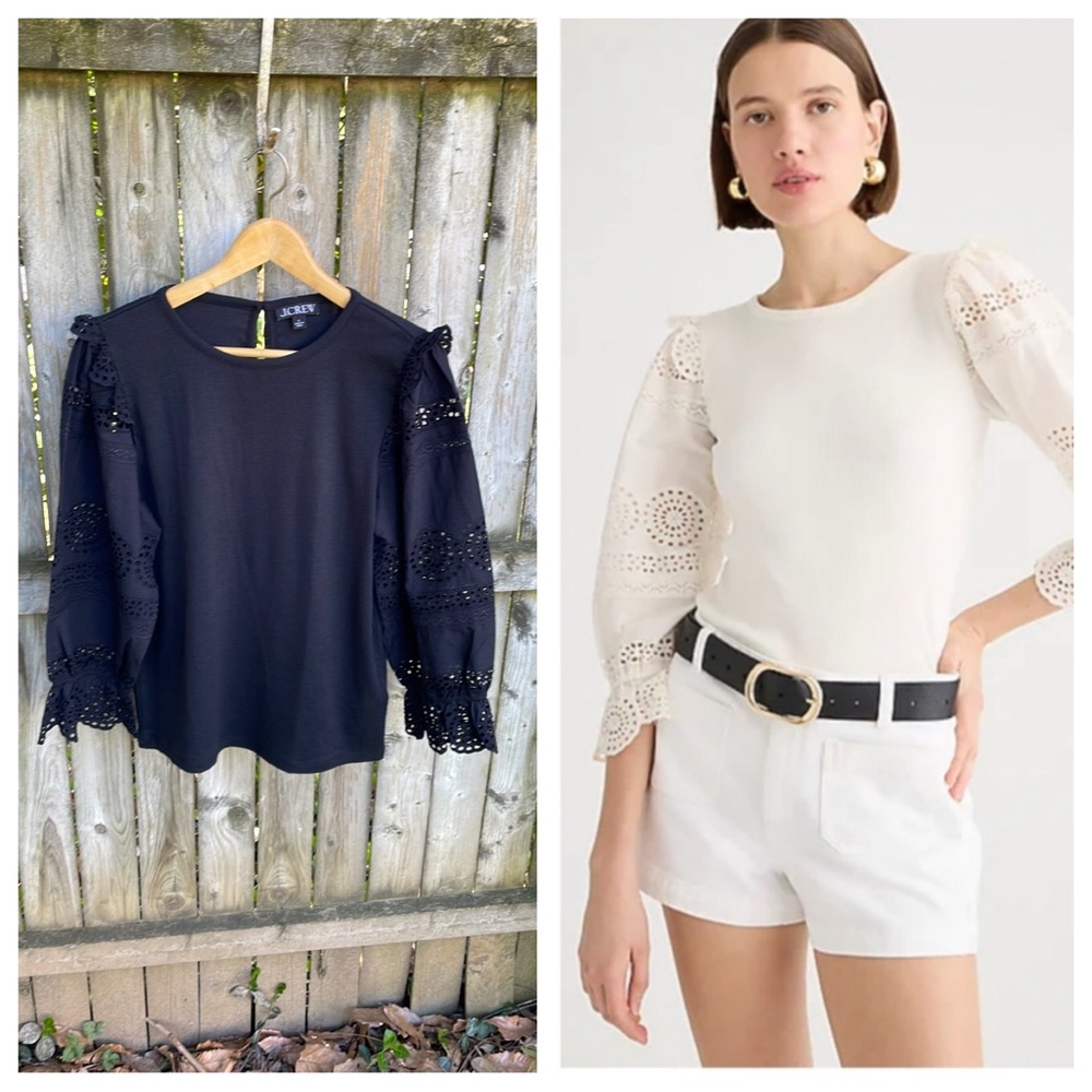 J. Crew Ruffle-trim eyelet top in vintage rib lace black L 12 14